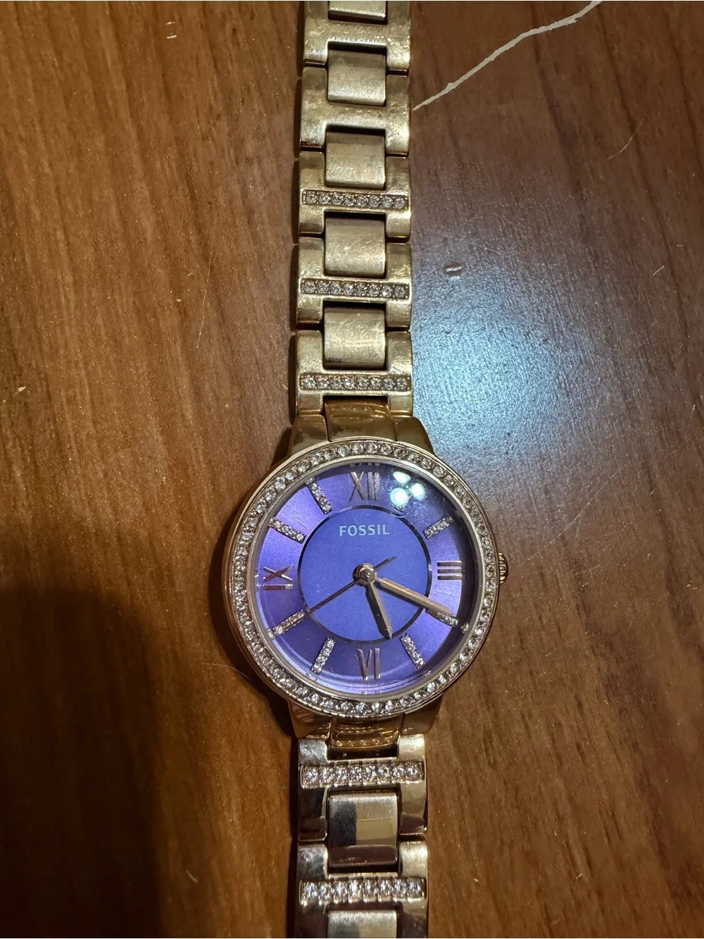 Fossil Rose Gold Bracelet Watch with Lavender Dial and Crystal Accents